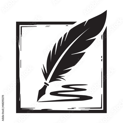A bold black silhouette of a quill pen poised to write creating ink splatters within a distressed square frame