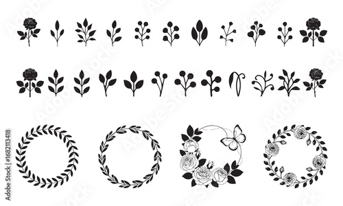 Collection of hand drawn botanical elements including decorative floral borders wreaths and individual plant sprigs in black ink on white background