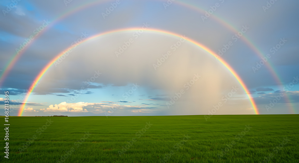 Naklejka premium A vibrant double rainbow arches across a lush green field, with rain falling in the distance beneath a partly cloudy sky.