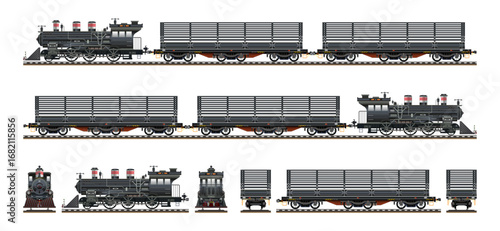 Steam locomotive carriage commuter vintage train wagons realistic model highly detailed flat vector set illustration
