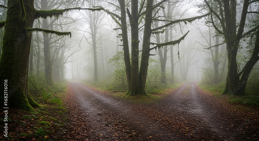 Fototapeta premium A rural road winds through a misty autumn forest