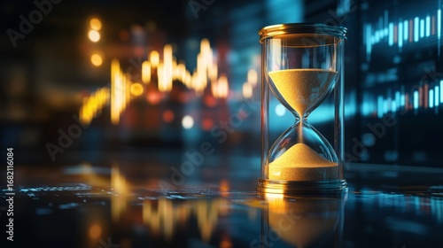 An artistic hourglass captures time's essence amidst glowing data visualizations, symbolizing the interplay between time and technology.