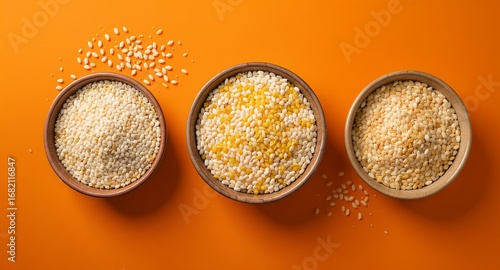 Three bowls of puffed rice grains, various colors, overhead shot, food photography, healthy eating, breakfast cereal, snack food