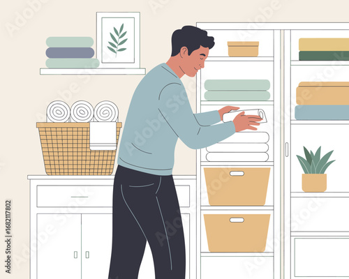 Man Organizing Clothes and Towels in a Closet - Flat Vector Illustration