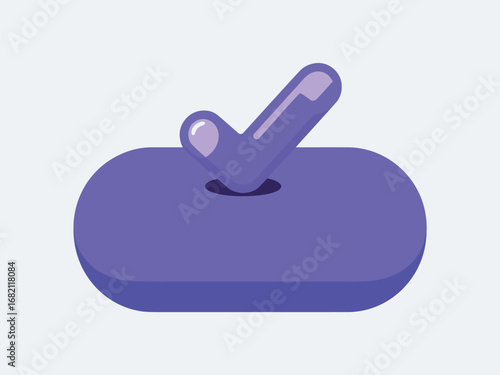 Green checkmark icon indicating success and completion on a purple oval button