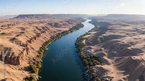 Aerial View of River Nile Flowing through Desert Landscape, Egypt, Bright Clear Day, Remote Arid Region, Stock Video Footage