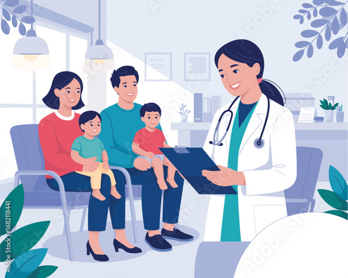 Flat Vector Illustration Showcasing a Family Consultation with a Doctor in a Modern Clinic Environment