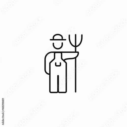 farmer in hat and overalls holding fork icon sign vector