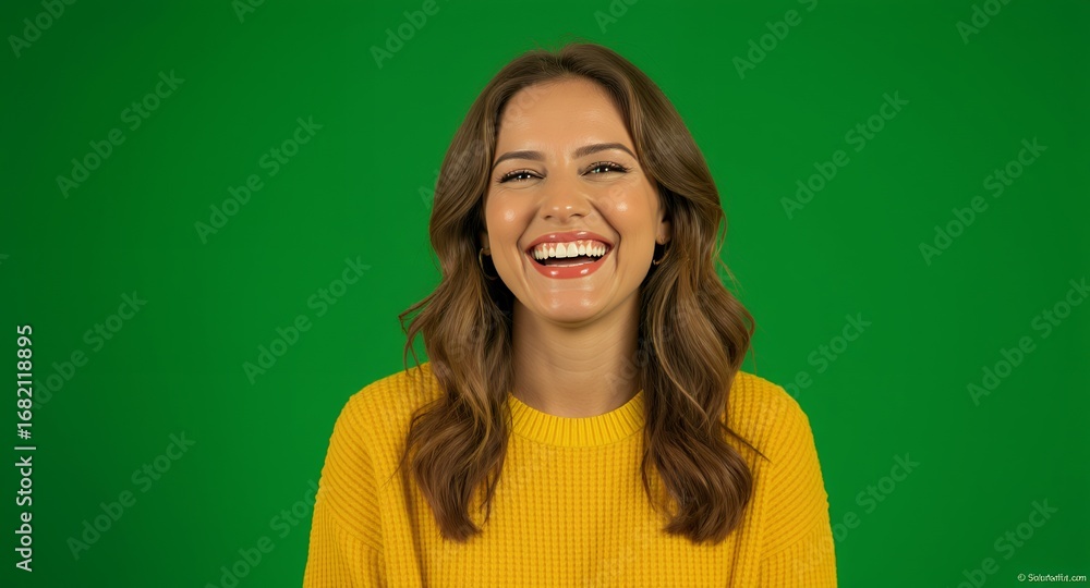 Fototapeta premium Woman laughing heartily against a green screen background, perfect for chroma keying and video editing projects.