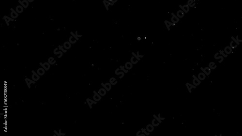 Natural Organic Dust Particles Floating On Black Background. Glittering Sparkling Particles Randomly Spin In The Air With Bokeh. Dynamic Particles With Fast And Slow Motion. Shimmering Dust In Space.