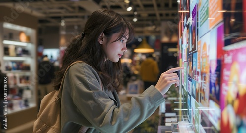 Woman using interactive touchscreen display in modern store, browsing digital product catalogue