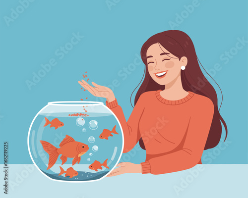 A vibrant and modern flat vector illustration of a cheerful woman feeding her pet goldfish in a bowl