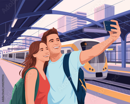 Couple taking a selfie on a train platform, enjoying their travel adventure