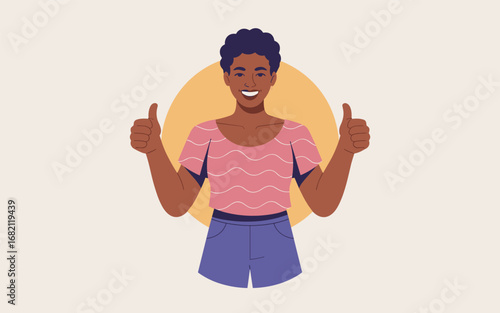 A cheerful flat vector illustration of a young person giving two thumbs up, signifying approval and success