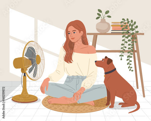 Woman and dog sitting near a fan to cool down on a hot day