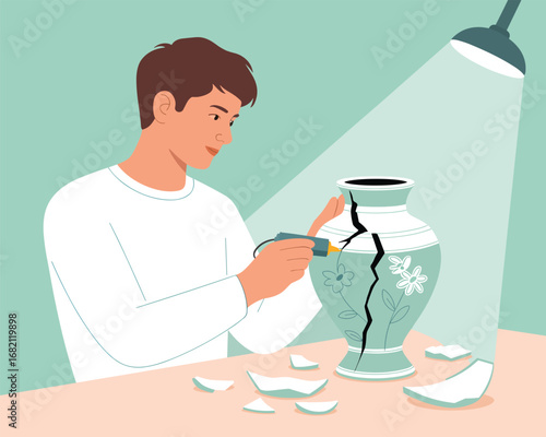 Man carefully repairing a broken ceramic vase, illustrating the process of restoration and craft hobby