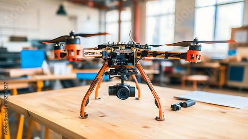 Custom-built drone with camera mounted on a classroom table