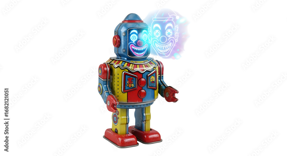 Fototapeta premium Retro tin robot with glowing clown face projection, vintage toy charm and modern tech fusion