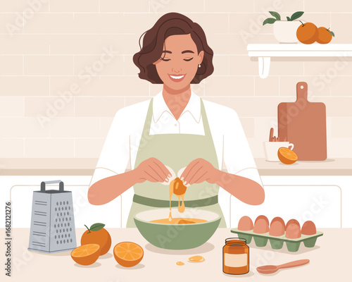 Woman preparing food in the kitchen, cracking an egg into a bowl