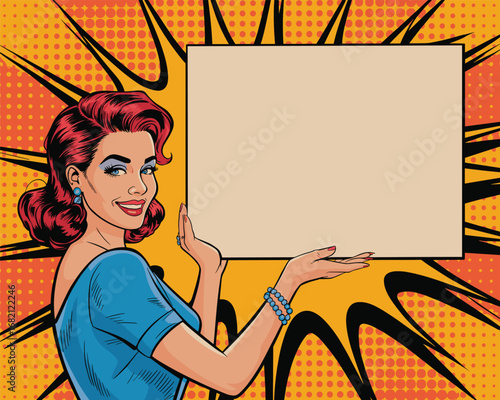 Retro Woman Holding Blank Sign with Comic Book Style Explosion Background