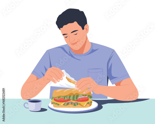 A cheerful young man enjoying a satisfying lunch break, unwrapping a delicious and fresh sandwich at a clean table
