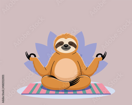 Adorable cartoon sloth practicing meditation in a serene lotus yoga pose