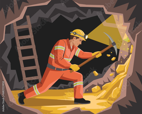 Miner working in a cave with a pickaxe discovering gold