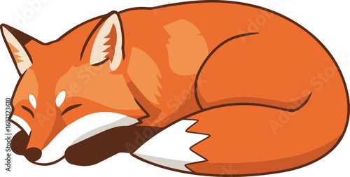 Adorable cartoon fox curled up sleeping peacefully in a cozy, warm pose