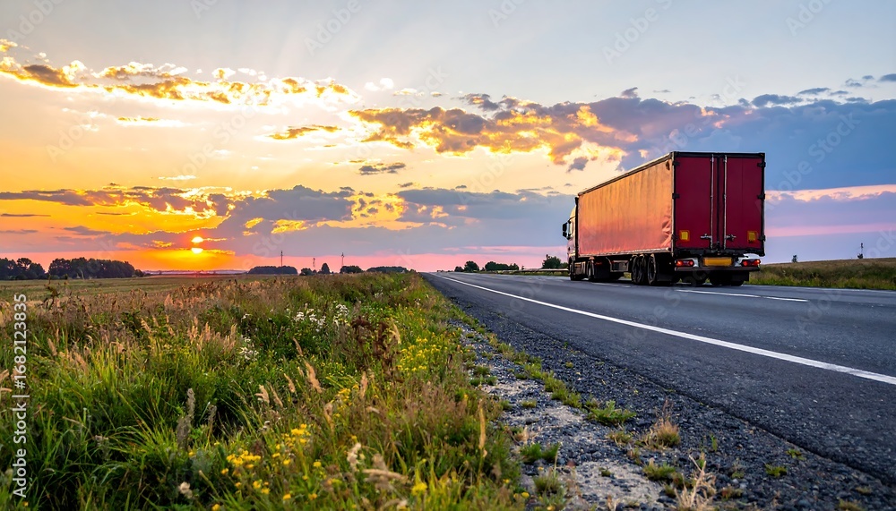 Fototapeta premium Scenic highway at sunset with a red truck