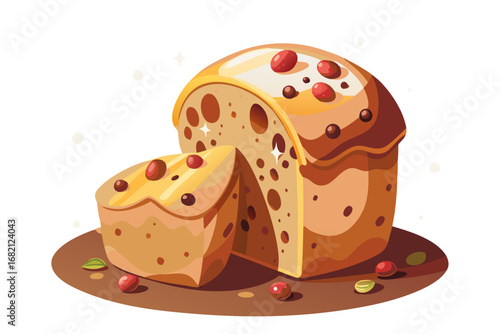 Golden Italian panettone sliced open, revealing raisins and candied fruits, set against a festive backdrop, evoking warmth and celebration in a delightful holiday atmosphere