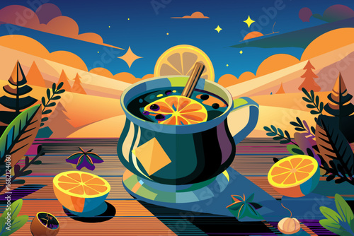 Pot of mulled wine with citrus and anise floating, surrounded by festive elements, creating a joyful atmosphere for holiday celebrations and gatherings