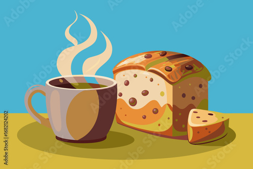 Slice of panettone served with cappuccino, steam rising, warm inviting atmosphere, soft cafe lighting, perfect for cozy moments and indulgent treats