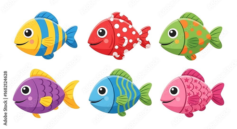 Fototapeta premium Six different funny expresion cartoon fish characters, isolated on white background.