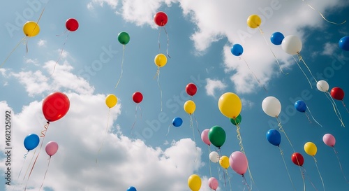 Colorful Balloons Floating in a Blue Sky with Clouds