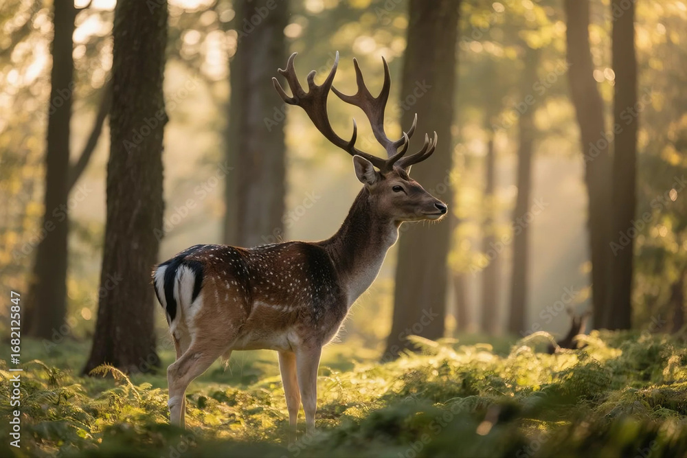 Naklejka premium Majestic deer in a sunlit forest