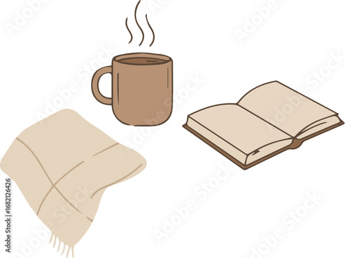 Cozy scene with steaming mug of coffee and open book, perfect for relaxation and comfort.