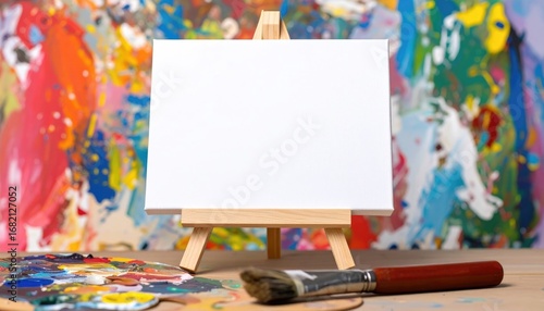 A blank canvas on a mini easel sits before a vibrant, abstract painted background with a palette and paintbrush in foreground