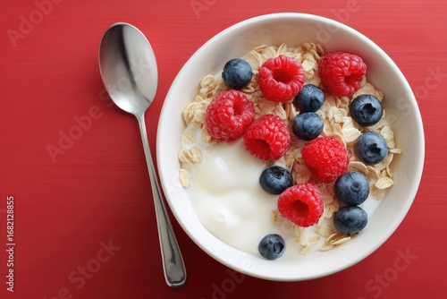 Top-down view of a bowl of yogurt with granola and berries on a red surface. A spoon lies beside the bowl