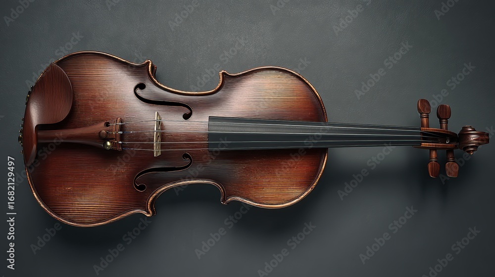 Fototapeta premium A rich, dark-brown violin rests on a gray surface, viewed from directly above. Its polished wood gleams subtly, highlighting the instrument's elegant 