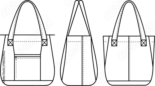 Handbag technical illustration front, side, back view with flap pocket, button, handles, stitching detail, vector fashion accessory design sketch