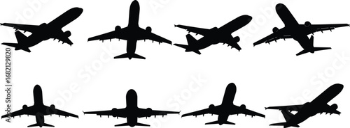 Silhouette vector set of commercial airplanes in multiple angles and orientations for aviation, travel, transportation, airline, and aircraft design themes
