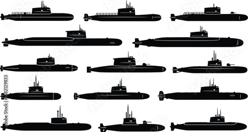 Silhouette vector illustration of twelve unique submarines in various designs and shapes, naval military vessels, underwater transport, maritime engineering technology