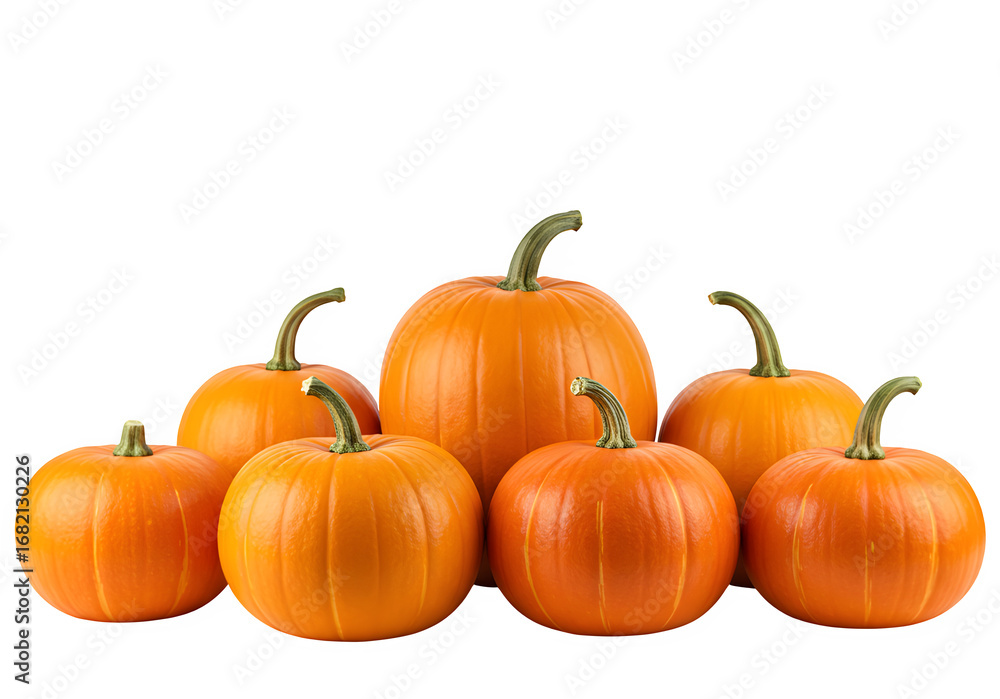 Fototapeta premium Vibrant collection of fresh orange pumpkins ready for autumn harvest and seasonal holiday decorations, perfect for fall promotions and festive events, isolated on white or transparent background. PNG