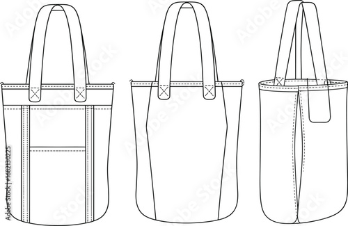 Tote bag technical illustration front, back, side view with pocket, handles, stitching, gusset panel, vector fashion accessory sketch