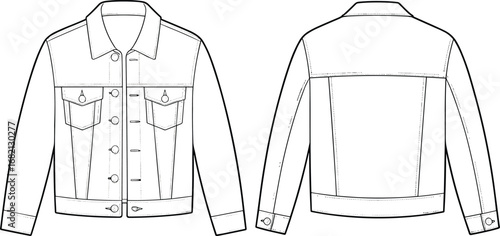Vector technical flat sketch of classic denim jacket front and back views with collar, chest flap pockets, button closure, and seam detailing
