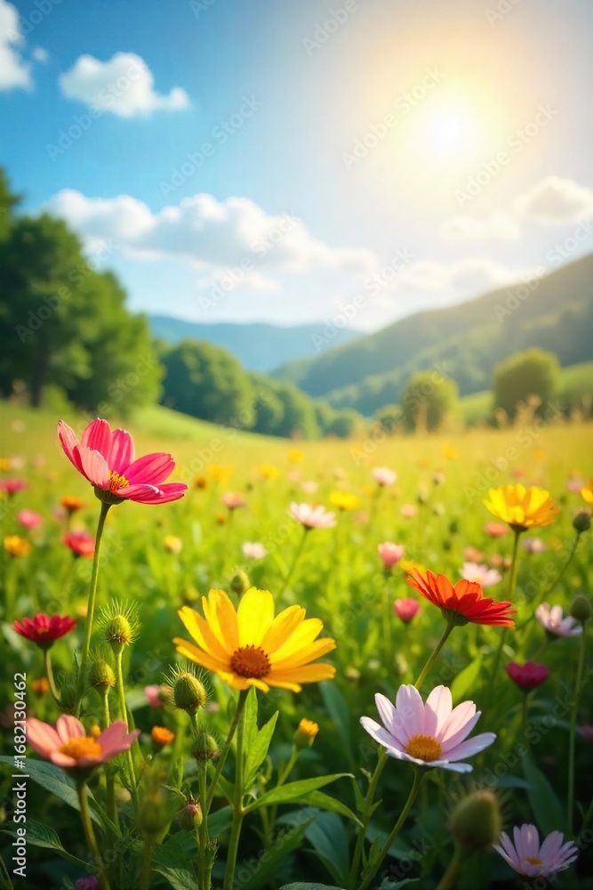 Obraz premium A vibrant sunlit field of wildflowers swaying gently in the breeze, representing joy and serenity Perfect for themes of contentment, peace, and inner happiness , outdoor, idyllic, spring