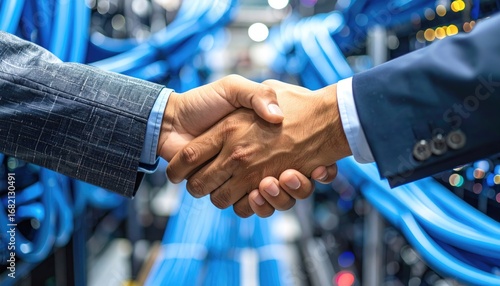 Business handshake against a blurred background of blue network cables and server racks. Professional and technical synergy