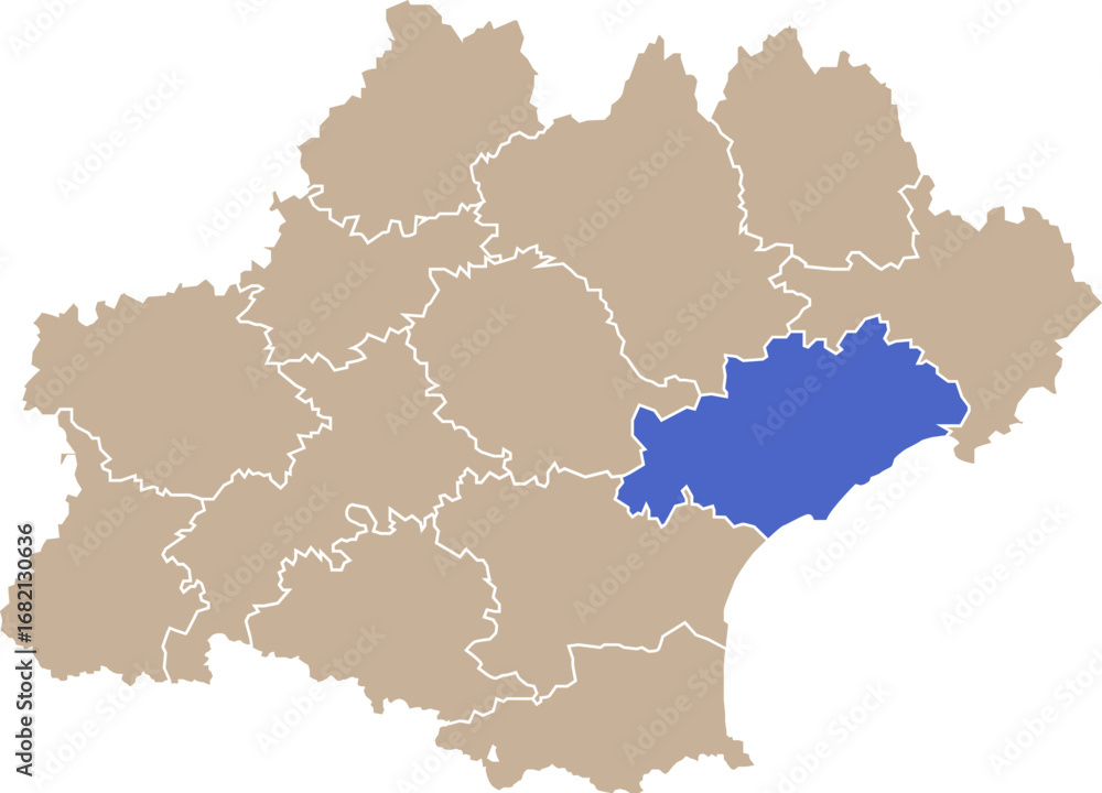 Obraz premium Illustration carte de la région Occitanie avec département Hérault mis en lumière