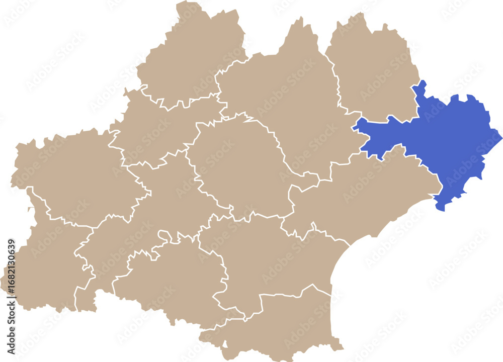 Obraz premium Illustration carte de la région Occitanie avec département Gard mis en lumière