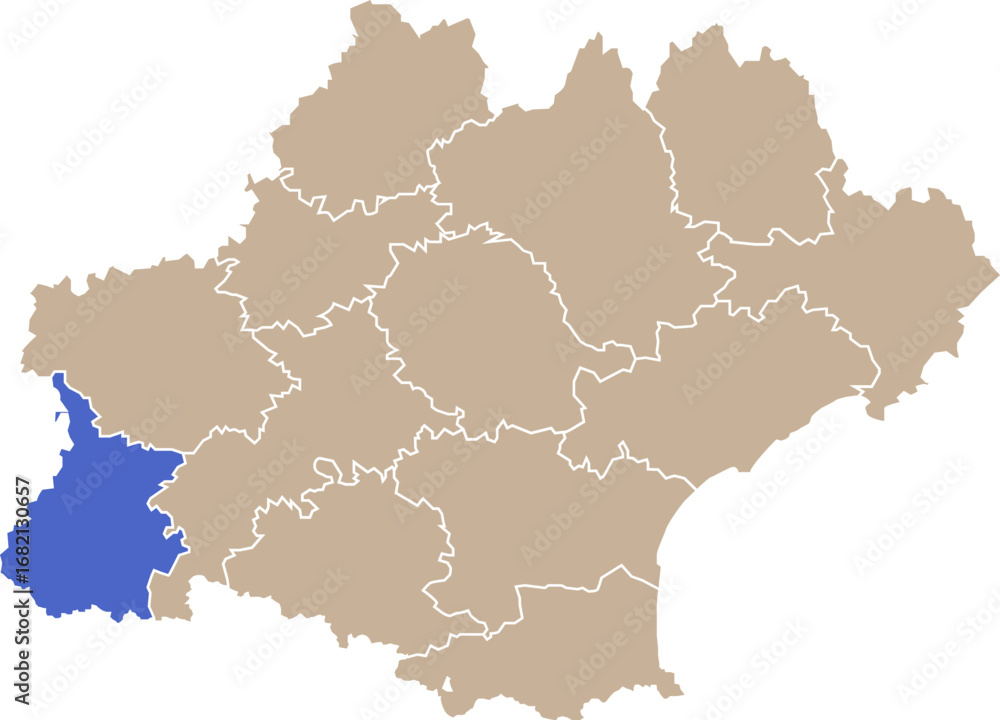Fototapeta premium Illustration carte de la région Occitanie avec département Hautes-Pyrénées mis en lumière